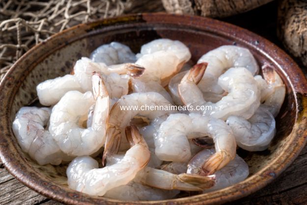 Buy Fresh Raw large size Seawater White Prawns without tail online from Chennai Meats